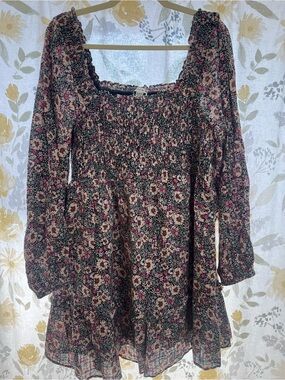 American Eagle Outfitters Floral Smocked Black Dress with Pink and Cream Flowers